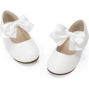 imagePANDANINJIA Toddler Dress Shoes Bowknot Mary Jane Shoes Girls Ballet Flats for Kids Wedding Party Uniform Church ShoesWhitepu
