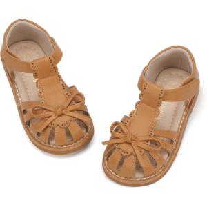 imagePANDANINJIA Toddler Girls Sandals Closed Toe TStrap Kids Dress Summer Flats Sandals Cute Bow Flower Girl ShoesBrownpu