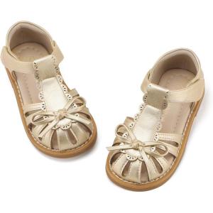 imagePANDANINJIA Toddler Girls Sandals Closed Toe TStrap Kids Dress Summer Flats Sandals Cute Bow Flower Girl ShoesGoldpu