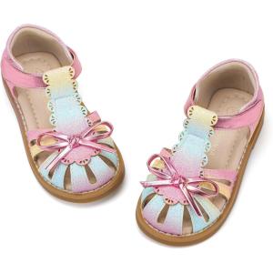 imagePANDANINJIA Toddler Girls Sandals Closed Toe TStrap Kids Dress Summer Flats Sandals Cute Bow Flower Girl ShoesRainbowglitter