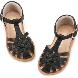 imagePANDANINJIA Toddler Girls Sandals ClosedToe TStrap Kids Flower Summer Flats Dress Sandals ShoesBlack Pu