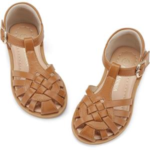 imagePANDANINJIA Toddler Girls Sandals ClosedToe TStrap Kids Flower Summer Flats Dress Sandals ShoesBrown Pu