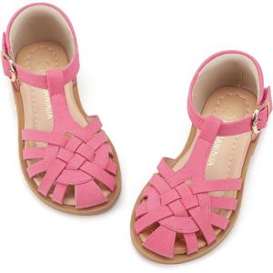 imagePANDANINJIA Toddler Girls Sandals ClosedToe TStrap Kids Flower Summer Flats Dress Sandals ShoesFuchsia