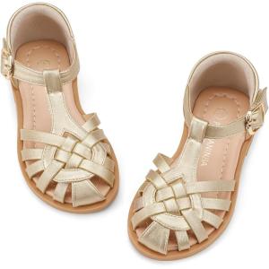 imagePANDANINJIA Toddler Girls Sandals ClosedToe TStrap Kids Flower Summer Flats Dress Sandals ShoesGold Pu