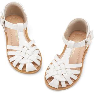 imagePANDANINJIA Toddler Girls Sandals ClosedToe TStrap Kids Flower Summer Flats Dress Sandals ShoesWhite Pu