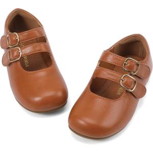 imagePANDANINJIA Toddler Girl Dress Shoes Mary Jane Flats Little Kid Flower Girl School Church ShoesBrownpu