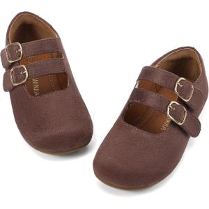 imagePANDANINJIA Toddler Girl Dress Shoes Mary Jane Flats Little Kid Flower Girl School Church ShoesDarkbrownsuede