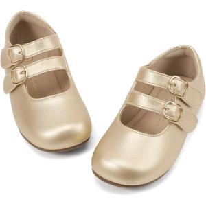 imagePANDANINJIA Toddler Girl Dress Shoes Mary Jane Flats Little Kid Flower Girl School Church ShoesGoldpu