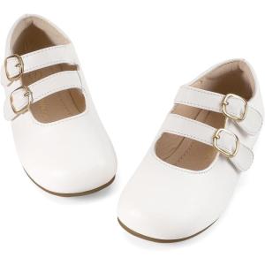 imagePANDANINJIA Toddler Girl Dress Shoes Mary Jane Flats Little Kid Flower Girl School Church ShoesWhitepu