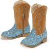 imagePANDANINJIA Girls Cowgirl Boots Mid Calf Sequin Cowboy Boots Toddler Little Big Kids Round Toe Western Riding Horse Shoes BootiesBluesequin
