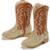 imagePANDANINJIA Girls Cowgirl Boots Mid Calf Sequin Cowboy Boots Toddler Little Big Kids Round Toe Western Riding Horse Shoes BootiesGoldsequin