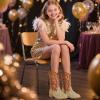 imagePANDANINJIA Girls Cowgirl Boots Mid Calf Sequin Cowboy Boots Toddler Little Big Kids Round Toe Western Riding Horse Shoes BootiesGoldsequin