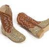 imagePANDANINJIA Girls Cowgirl Boots Mid Calf Sequin Cowboy Boots Toddler Little Big Kids Round Toe Western Riding Horse Shoes BootiesGoldsequin