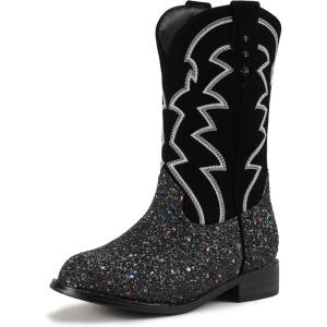 imagePANDANINJIA Girls Cowgirl Boots Mid Calf Sequin Cowboy Boots Toddler Little Big Kids Round Toe Western Riding Horse Shoes BootiesBlacksequin