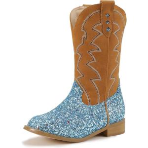 imagePANDANINJIA Girls Cowgirl Boots Mid Calf Sequin Cowboy Boots Toddler Little Big Kids Round Toe Western Riding Horse Shoes BootiesBluesequin