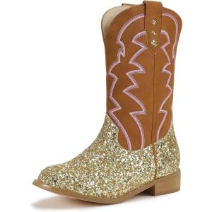 imagePANDANINJIA Girls Cowgirl Boots Mid Calf Sequin Cowboy Boots Toddler Little Big Kids Round Toe Western Riding Horse Shoes BootiesGoldsequin