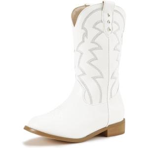 imagePANDANINJIA Girls Cowgirl Boots Mid Calf Sequin Cowboy Boots Toddler Little Big Kids Round Toe Western Riding Horse Shoes BootiesWhitepu
