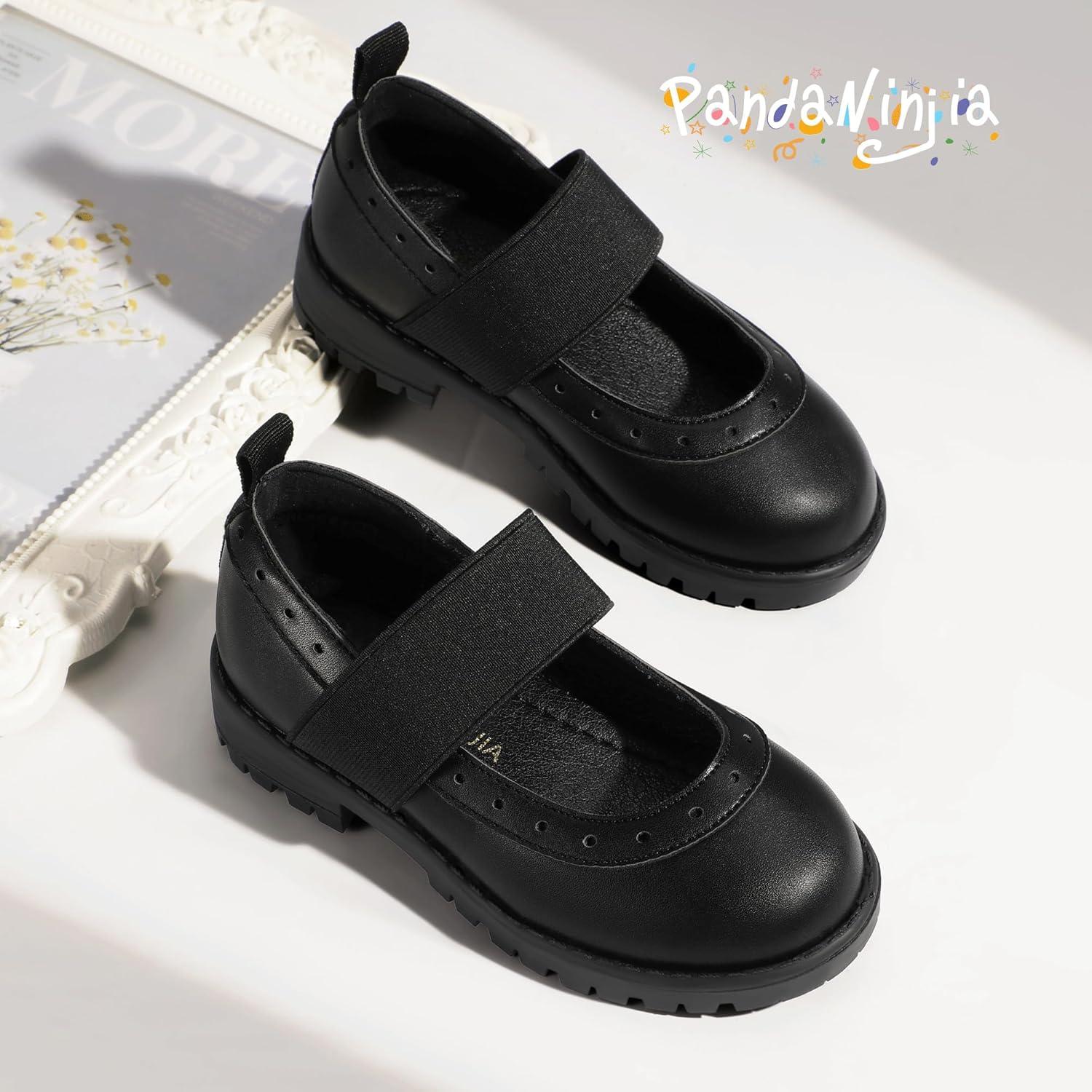 imagePANDANINJIA Toddler Girls Mary Jane School Shoes Kids Elastic Strap Platform Flats Dress ShoesBlackpu