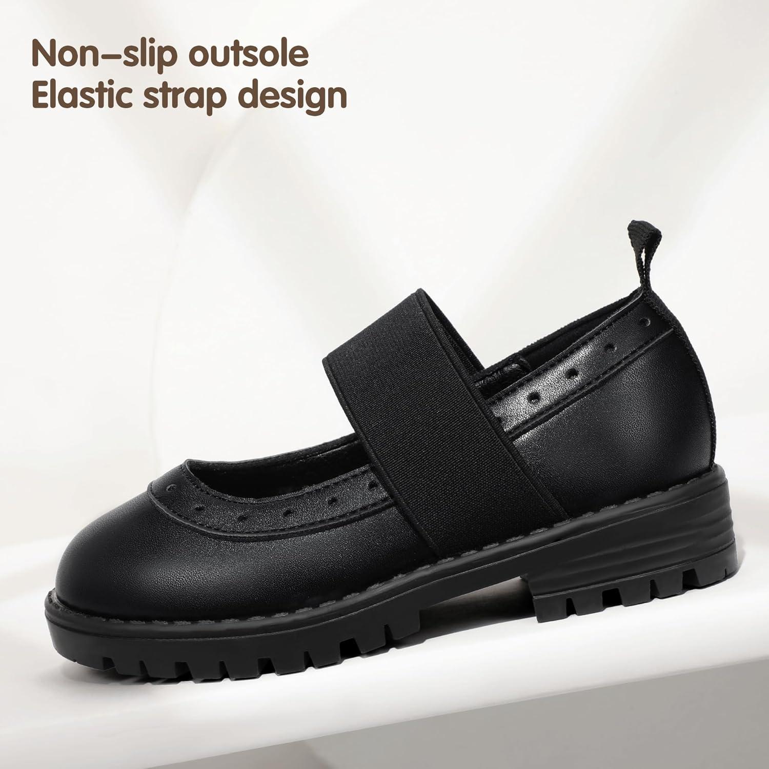 imagePANDANINJIA Toddler Girls Mary Jane School Shoes Kids Elastic Strap Platform Flats Dress ShoesBlackpu