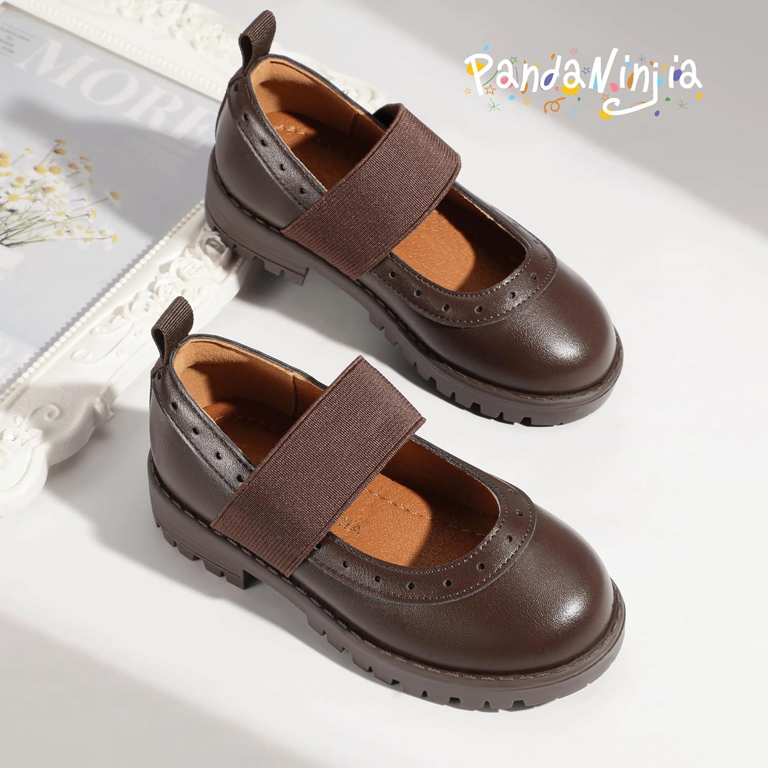imagePANDANINJIA Toddler Girls Mary Jane School Shoes Kids Elastic Strap Platform Flats Dress ShoesBrownpu