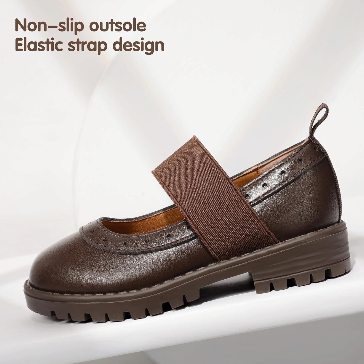 imagePANDANINJIA Toddler Girls Mary Jane School Shoes Kids Elastic Strap Platform Flats Dress ShoesBrownpu