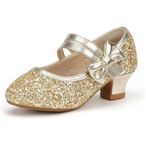 imagePANDANINJIA Girls Dress Shoes Kids Toddler Heels Pumps Flower Girl Mary Jane School Wedding Party Princess ShoesC Gold Sequin