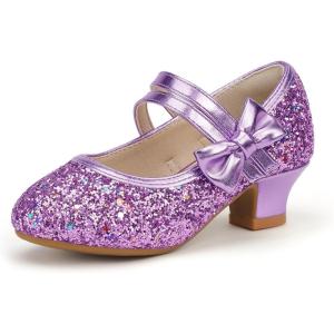 imagePANDANINJIA Girls Dress Shoes Kids Toddler Heels Pumps Flower Girl Mary Jane School Wedding Party Princess ShoesC Purple Sequin