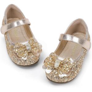 imagePANDANINJIA Flower Girl Shoes Toddler Little Kid Ballet Flats Pearls Wedding Party Mary Jane Girls Dress ShoesGold Sequin