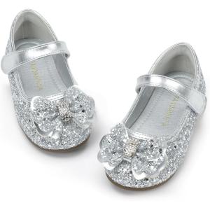 imagePANDANINJIA Flower Girl Shoes Toddler Little Kid Ballet Flats Pearls Wedding Party Mary Jane Girls Dress ShoesSilver Sequin
