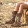 imagePANDANINJIA Girls Cowboy Boots Toddler Cowgirl Boots Little Big Kids Western Mid Calf Round Toe Embroidered Horse Riding Shoes BootiesRound Toe Brown