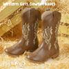imagePANDANINJIA Girls Cowboy Boots Toddler Cowgirl Boots Little Big Kids Western Mid Calf Round Toe Embroidered Horse Riding Shoes BootiesRound Toe Brown