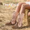 imagePANDANINJIA Girls Cowboy Boots Toddler Cowgirl Boots Little Big Kids Western Mid Calf Round Toe Embroidered Horse Riding Shoes BootiesRound Toe Pinkbrown