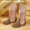 imagePANDANINJIA Girls Cowboy Boots Toddler Cowgirl Boots Little Big Kids Western Mid Calf Round Toe Embroidered Horse Riding Shoes BootiesRound Toe Pinkbrown