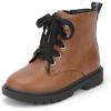 imagePANDANINJIA Girls Boys Combat Short Ankle Boots Fashion Dress Booties Side Zipper Waterproof Shoes with Lace Up for Toddler Little KidBrown Pu