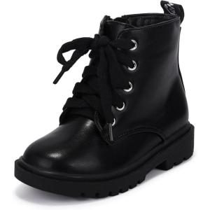 imagePANDANINJIA Girls Boys Combat Short Ankle Boots Fashion Dress Booties Side Zipper Waterproof Shoes with Lace Up for Toddler Little KidBlack Pu