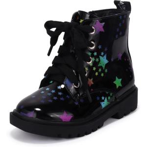 imagePANDANINJIA Girls Boys Combat Short Ankle Boots Fashion Dress Booties Side Zipper Waterproof Shoes with Lace Up for Toddler Little KidBlack Star