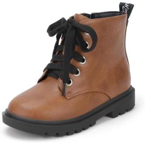 imagePANDANINJIA Girls Boys Combat Short Ankle Boots Fashion Dress Booties Side Zipper Waterproof Shoes with Lace Up for Toddler Little KidBrown Pu