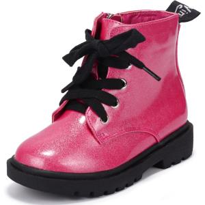 imagePANDANINJIA Girls Boys Combat Short Ankle Boots Fashion Dress Booties Side Zipper Waterproof Shoes with Lace Up for Toddler Little KidHot Pink