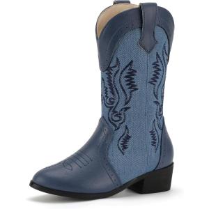 imagePANDANINJIA Girls Cowboy Boots Toddler Cowgirl Boots Little Big Kids Western Mid Calf Round Toe Embroidered Horse Riding Shoes BootiesPointed Toe Blue