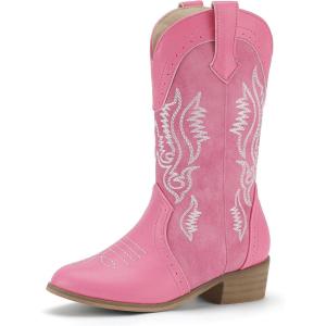 imagePANDANINJIA Girls Cowboy Boots Toddler Cowgirl Boots Little Big Kids Western Mid Calf Round Toe Embroidered Horse Riding Shoes BootiesPointed Toe Fuchsia