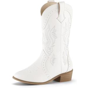 imagePANDANINJIA Girls Cowboy Boots Toddler Cowgirl Boots Little Big Kids Western Mid Calf Round Toe Embroidered Horse Riding Shoes BootiesPointed Toe White