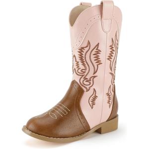 imagePANDANINJIA Girls Cowboy Boots Toddler Cowgirl Boots Little Big Kids Western Mid Calf Round Toe Embroidered Horse Riding Shoes BootiesRound Toe Pinkbrown