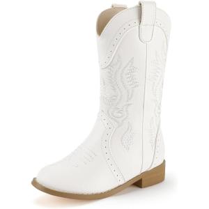 imagePANDANINJIA Girls Cowboy Boots Toddler Cowgirl Boots Little Big Kids Western Mid Calf Round Toe Embroidered Horse Riding Shoes BootiesRound Toe White