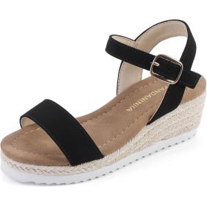 imagePANDANINJIA Girls Sandals Wedge Platform Espadrille Little Big Kid Girls Heels Open Toe Summer Dress ShoesBlack Nubuck