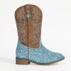 imagePANDANINJIA Girls Cowgirl Boots Kids Toddler Cowboy Boots Round Toe Mid Calf Western Riding Booties ShoesBluesequin
