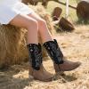 imagePANDANINJIA Girls Cowgirl Boots Kids Toddler Cowboy Boots Round Toe Mid Calf Western Riding Booties ShoesBrown