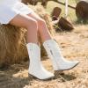 imagePANDANINJIA Girls Cowgirl Boots Kids Toddler Cowboy Boots Round Toe Mid Calf Western Riding Booties ShoesWhitepu