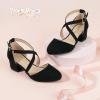 imagePANDANINJIA Girls Dress Shoes High Heels Flower Girl Pointed Closed Toe Cross Strap Wedding Party Mary Jane Little Big Kid Pump ShoeBlack Suede