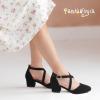 imagePANDANINJIA Girls Dress Shoes High Heels Flower Girl Pointed Closed Toe Cross Strap Wedding Party Mary Jane Little Big Kid Pump ShoeBlack Suede