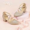 imagePANDANINJIA Girls Dress Shoes High Heels Flower Girl Pointed Closed Toe Cross Strap Wedding Party Mary Jane Little Big Kid Pump ShoeGold Glitter